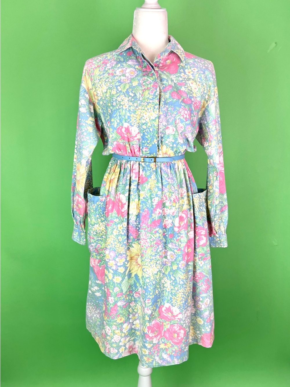 Vintage 80s Pastel Floral Cotton Shirt Dress Size Small
